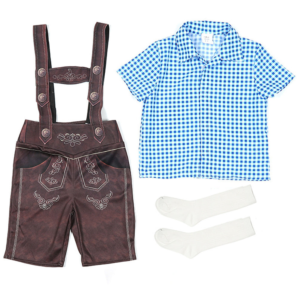 Boy Oktoberfest Costume Set Overalls with plaid shirt socks Halloween