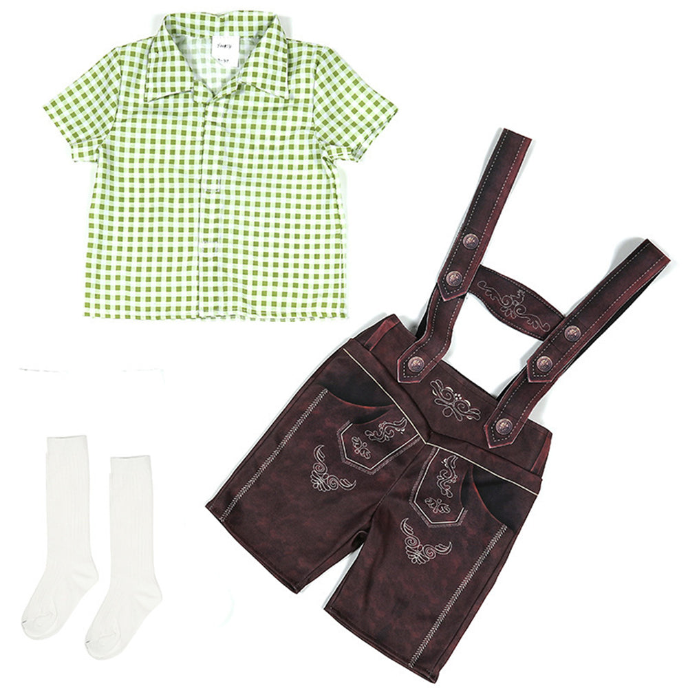 Boy Oktoberfest Costume Set Overalls with plaid shirt socks Halloween