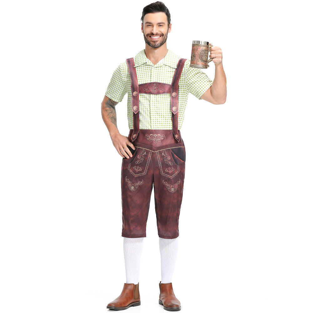 Men's Bavarian Lederhosen Oktoberfest Overalls Plaid Shirt Costume
