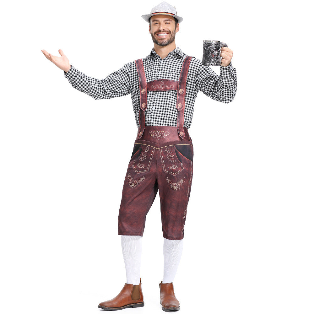 Men's Bavarian Lederhosen Oktoberfest Overalls Plaid Shirt Costume