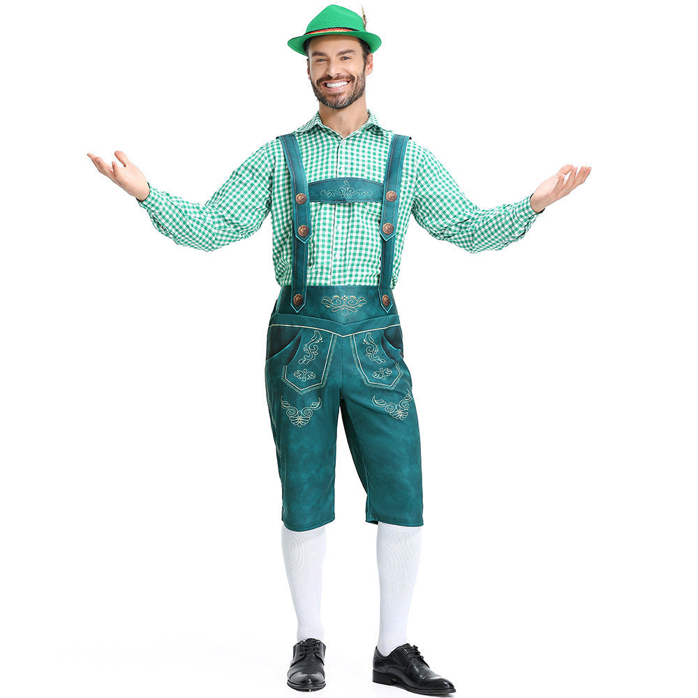 Men's Bavarian Lederhosen Oktoberfest Overalls Plaid Shirt Costume