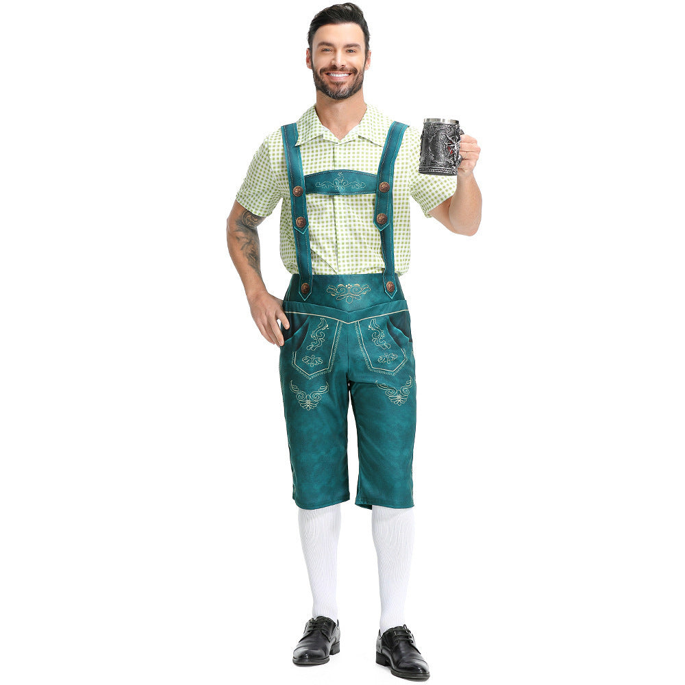 Men's Bavarian Lederhosen Oktoberfest Overalls Plaid Shirt Costume