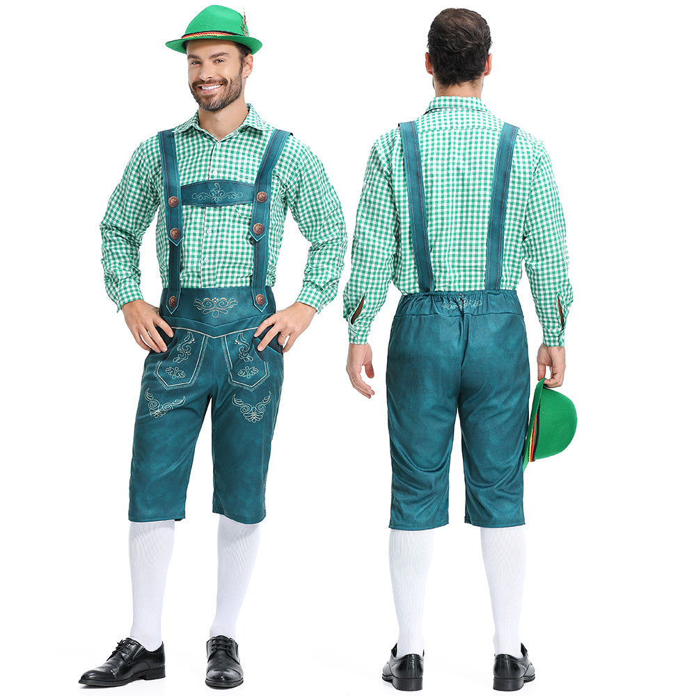 Men's Bavarian Lederhosen Oktoberfest Overalls Plaid Shirt Costume