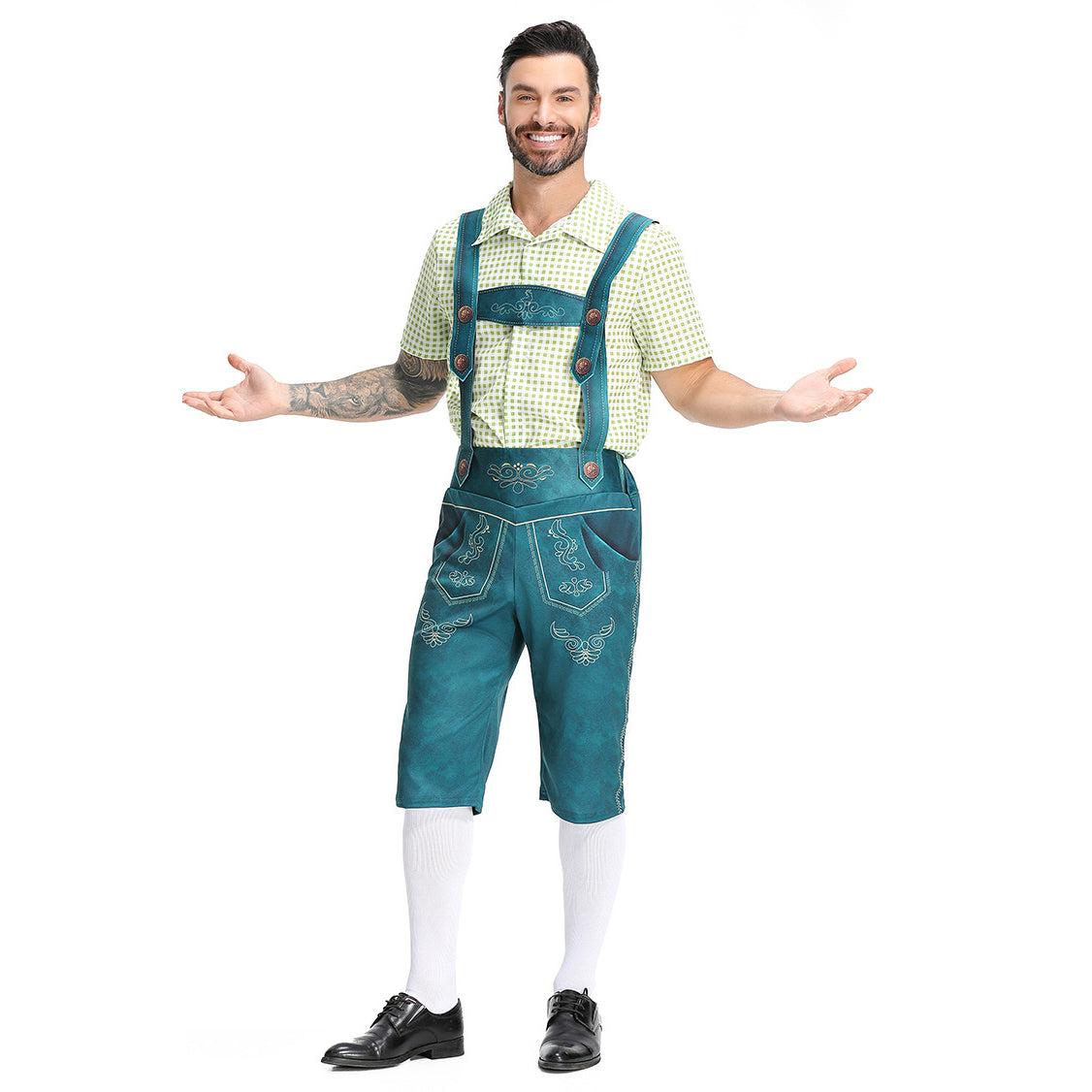 Men's Bavarian Lederhosen Oktoberfest Overalls Plaid Shirt Costume
