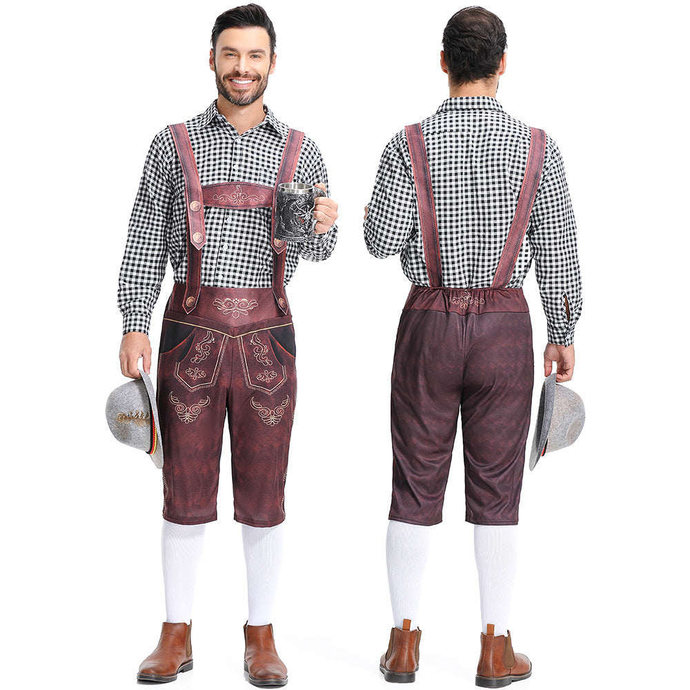 Men's Bavarian Lederhosen Oktoberfest Overalls Plaid Shirt Costume