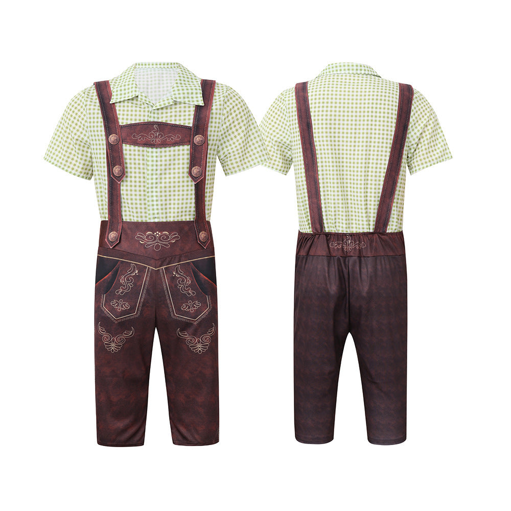 Men's Bavarian Lederhosen Oktoberfest Overalls Plaid Shirt Costume