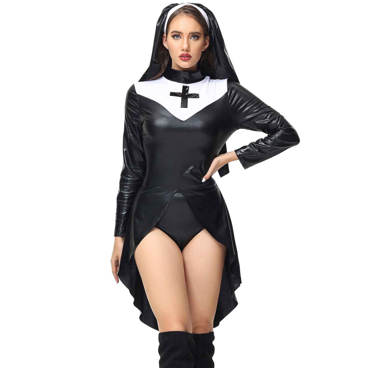 PU Leather Punk Nun Costume for Women Halloween