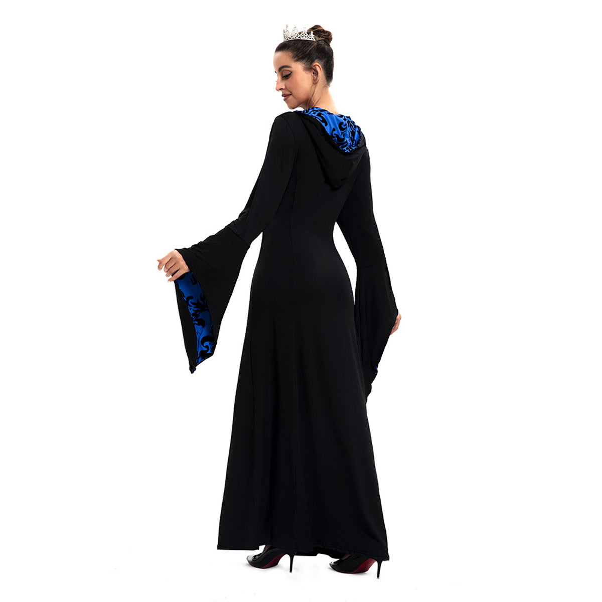 Medieval Hooded Swing Dress Costume Printed Retro Long Sleeves