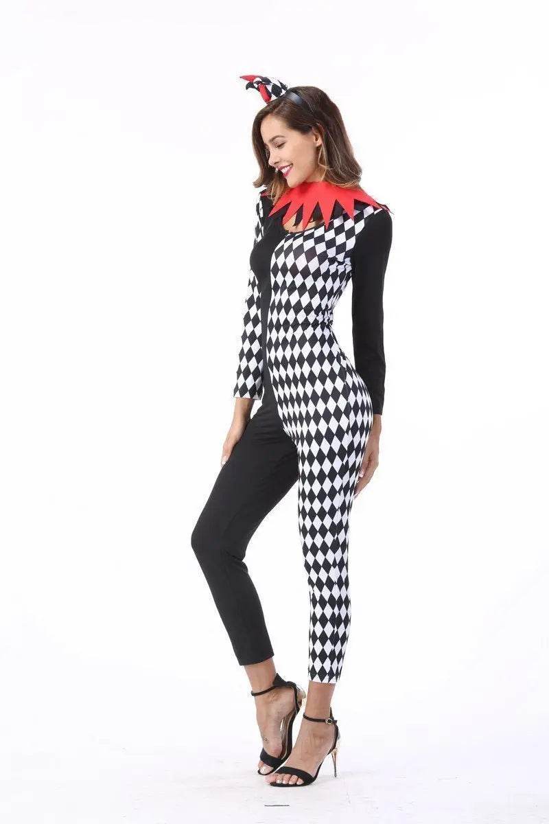 Adult Women Circus Clown Harlequin Jester Halloween Costume Jumpsuit - Ecosfun
