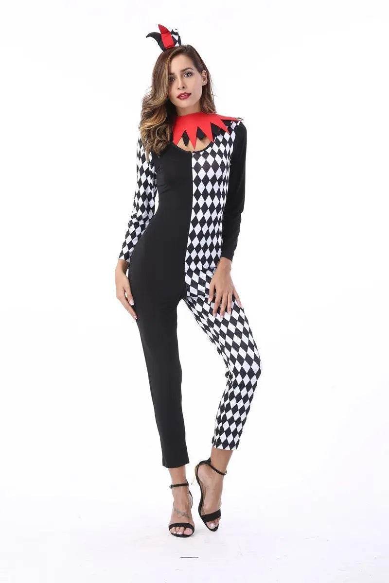 Adult Women Circus Clown Harlequin Jester Halloween Costume Jumpsuit - Ecosfun
