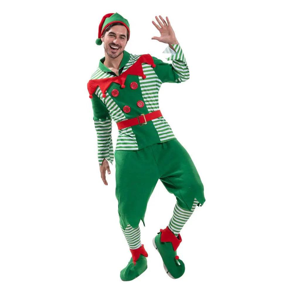 Christmas Elf Adult Men Costume with Elf Hat Stripes Design for Christmas Parties - Ecosfun