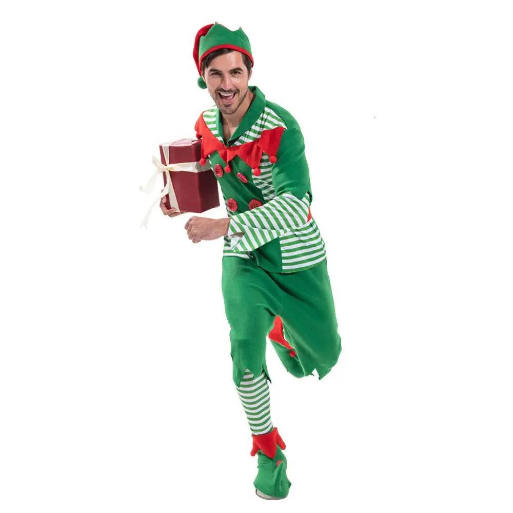 Christmas Elf Adult Men Costume with Elf Hat Stripes Design for Christmas Parties - Ecosfun
