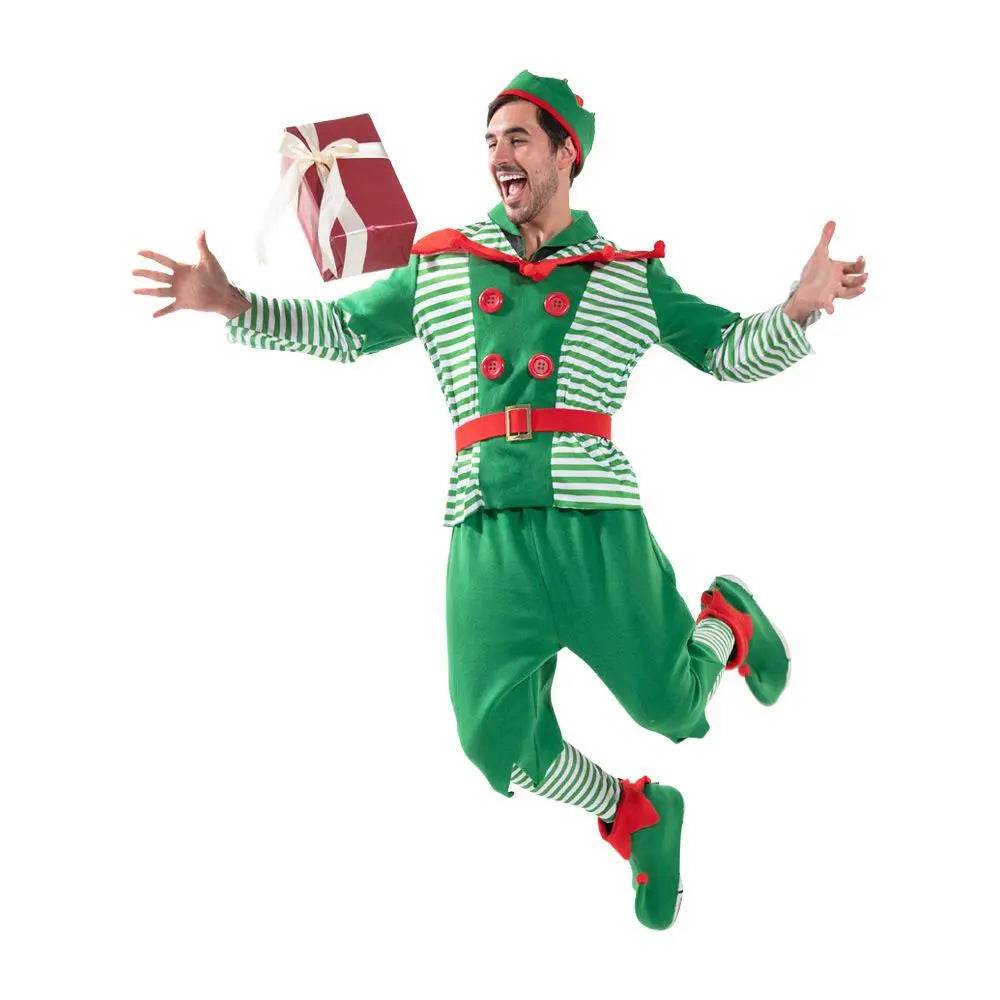 Christmas Elf Adult Men Costume with Elf Hat Stripes Design for Christmas Parties - Ecosfun