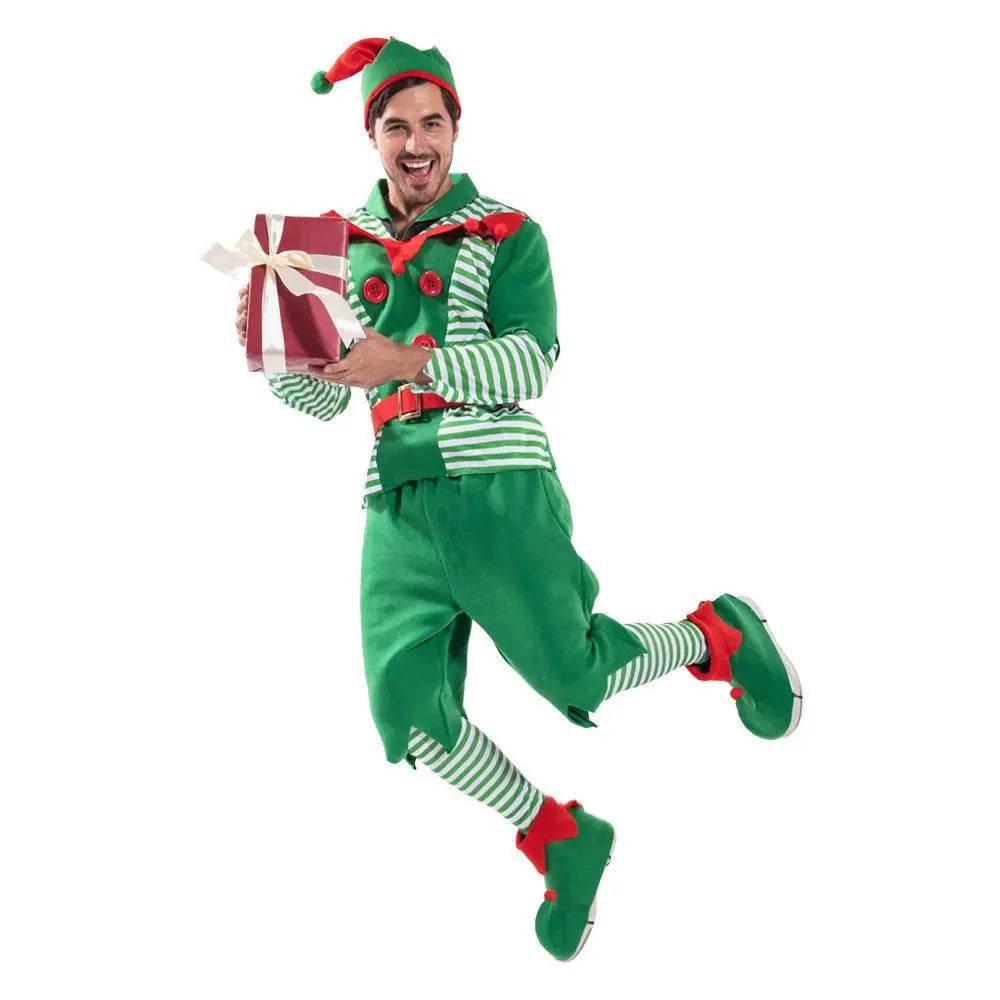 Christmas Elf Adult Men Costume with Elf Hat Stripes Design for Christmas Parties - Ecosfun