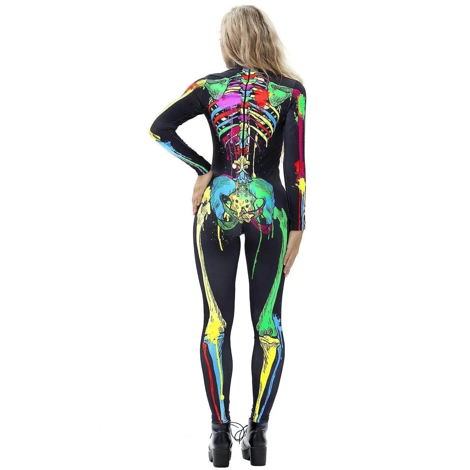 Coloful Skull Halloween Cosplay Costume Bodycon Jumpsuit for Women - Ecosfun