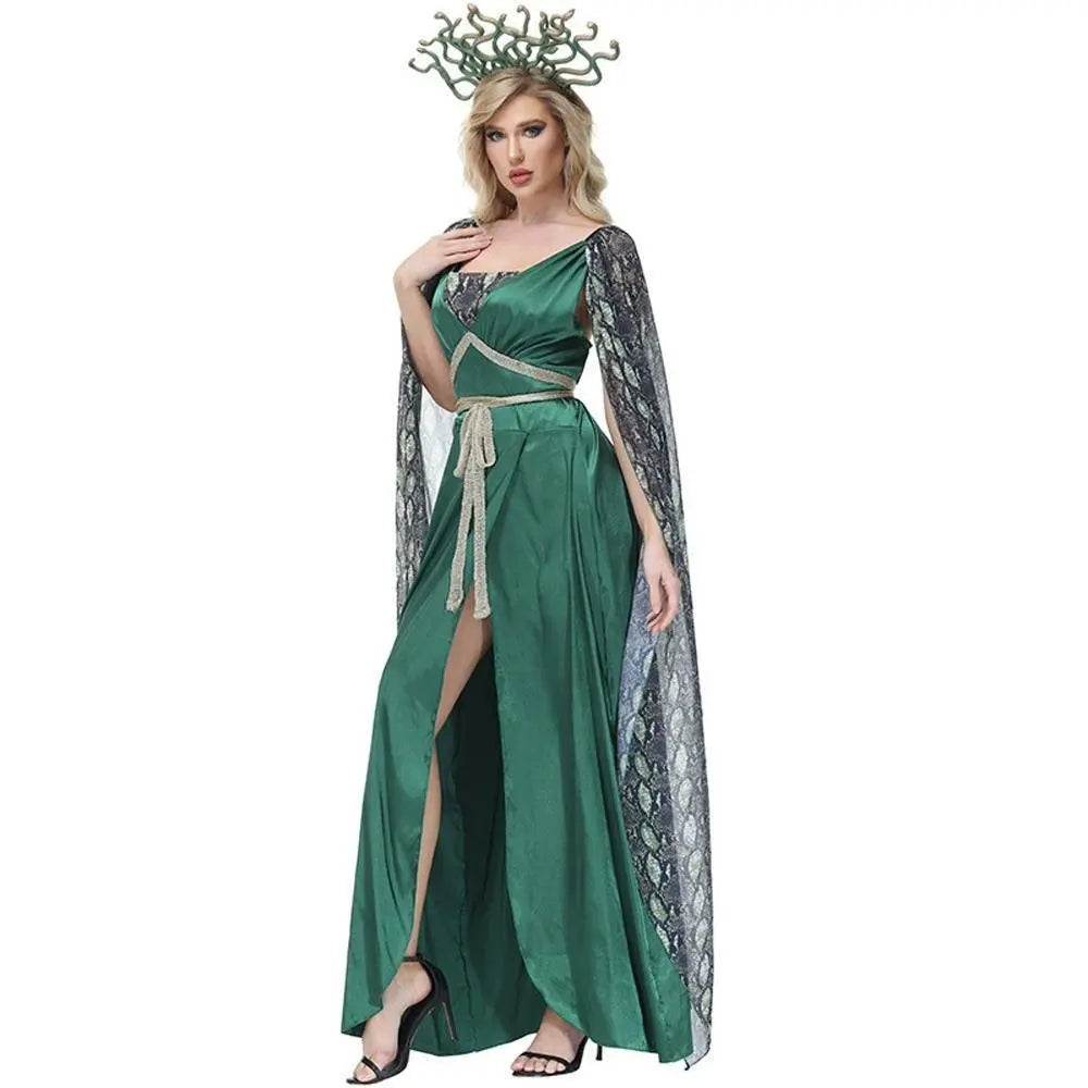 Dark green snake print slit dress mythical siren Medusa dress Halloween Costumes for adult - Ecosfun