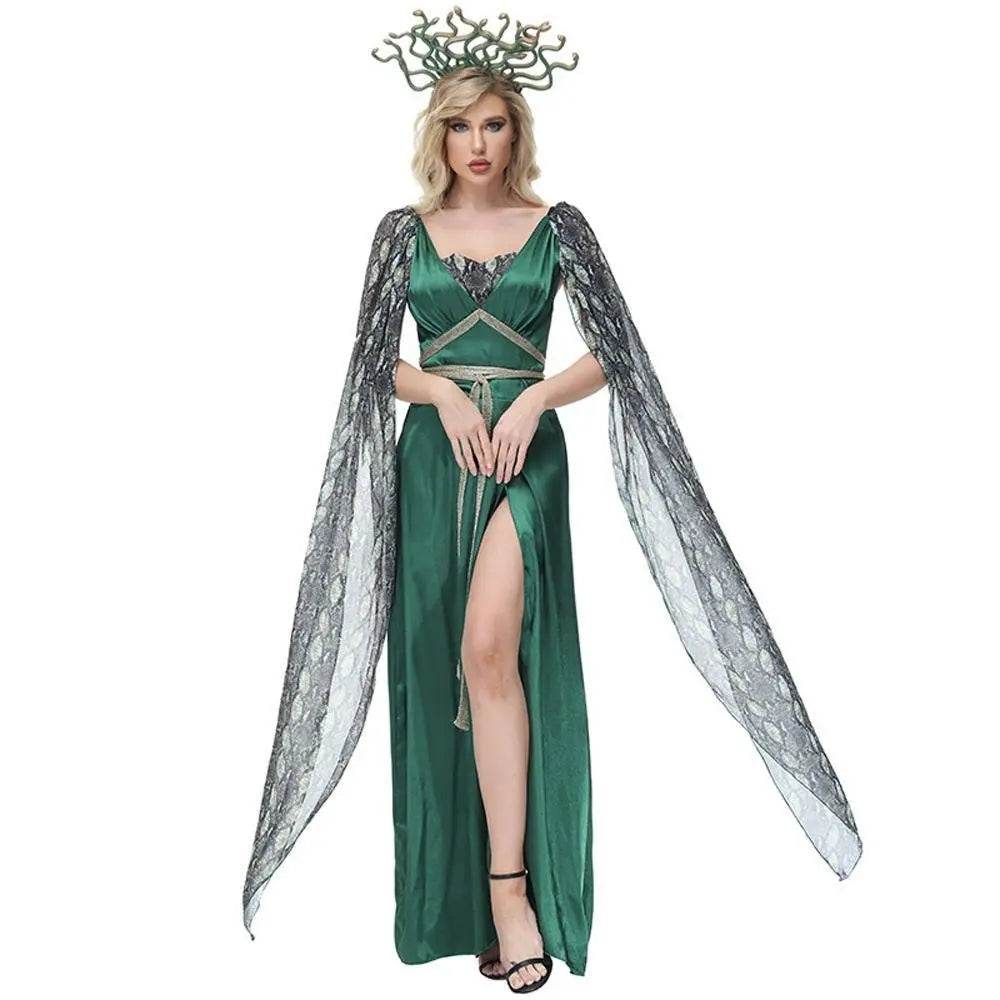Dark green snake print slit dress mythical siren Medusa dress Halloween Costumes for adult - Ecosfun