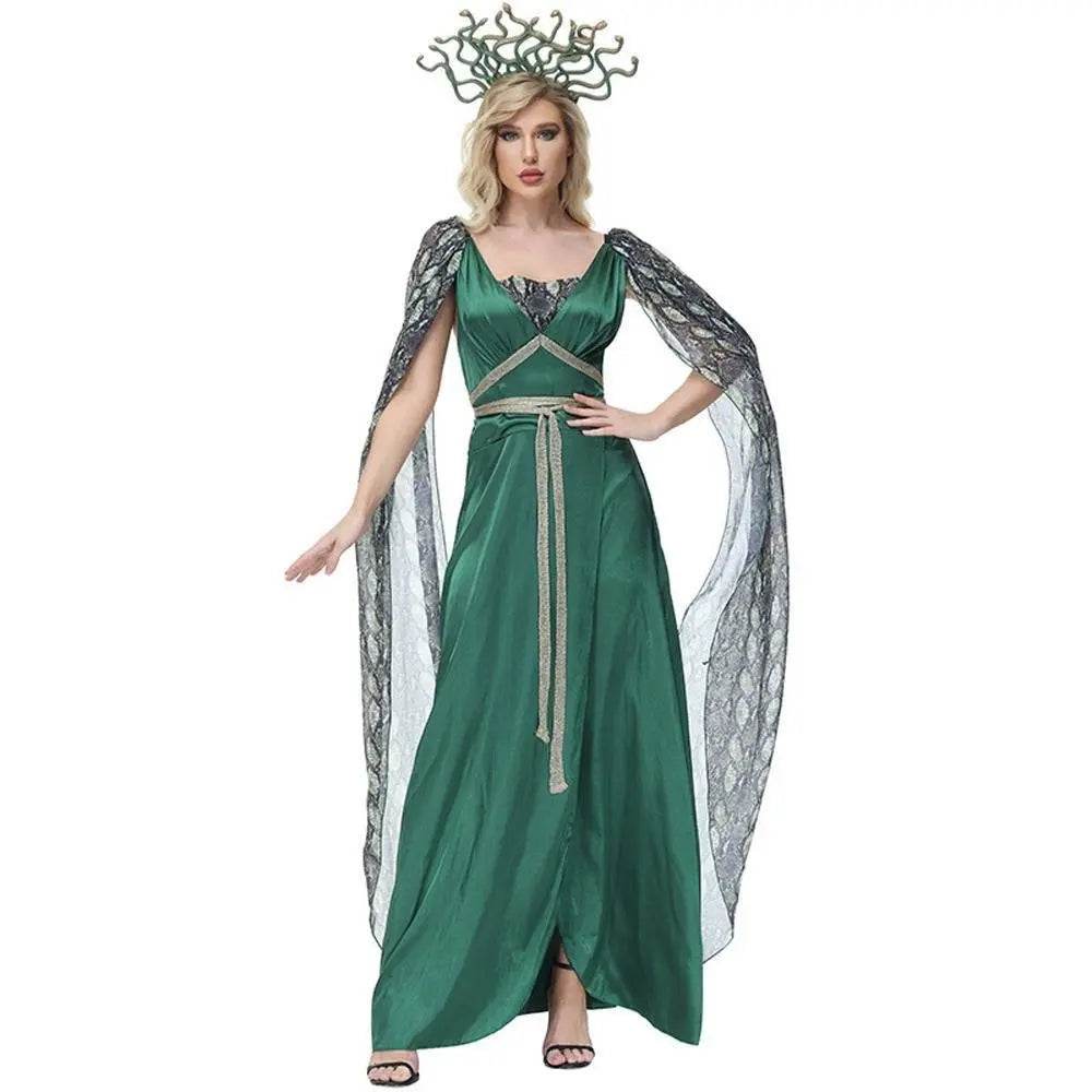 Dark green snake print slit dress mythical siren Medusa dress Halloween Costumes for adult - Ecosfun