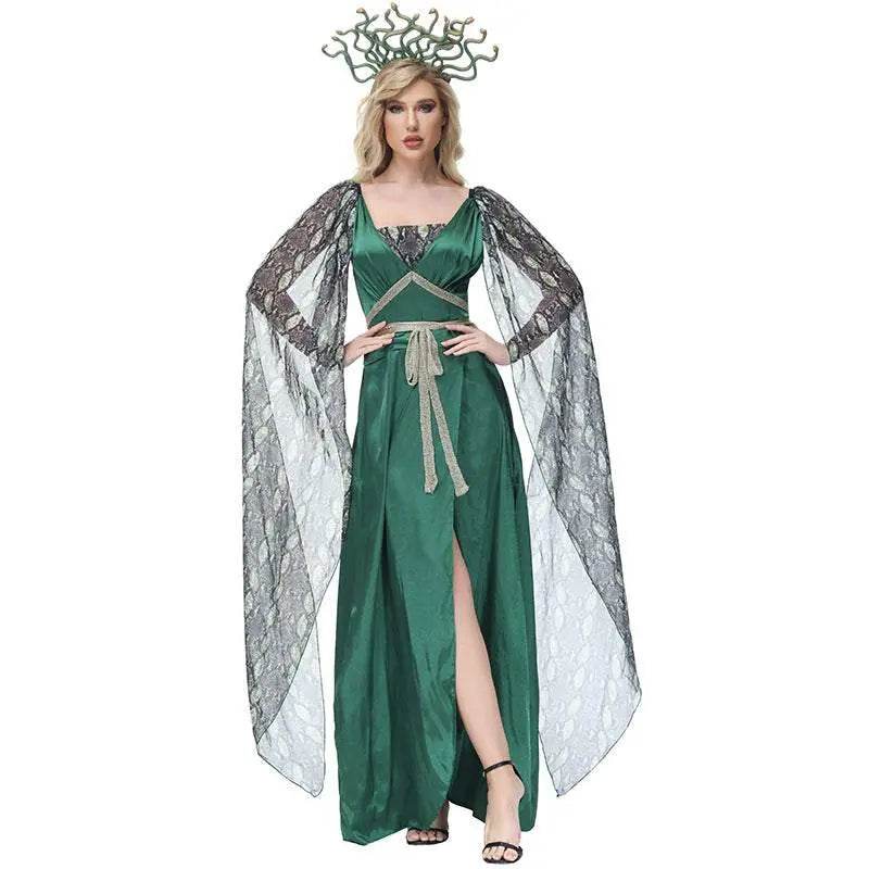 Dark green snake print slit dress mythical siren Medusa dress Halloween Costumes for adult - Ecosfun