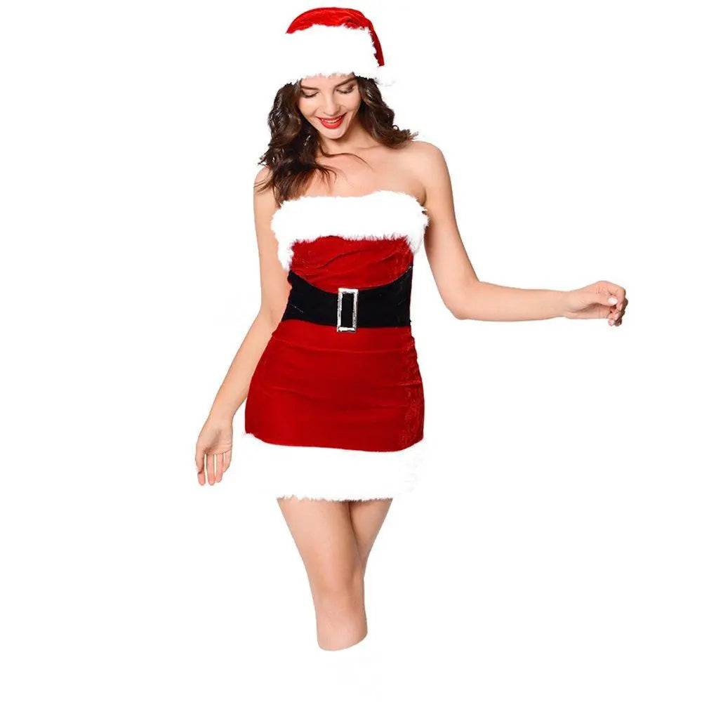 Furry Christmaas Sexy Red Costume Tube Dresses with Chirstmas Hat For Adult - Ecosfun
