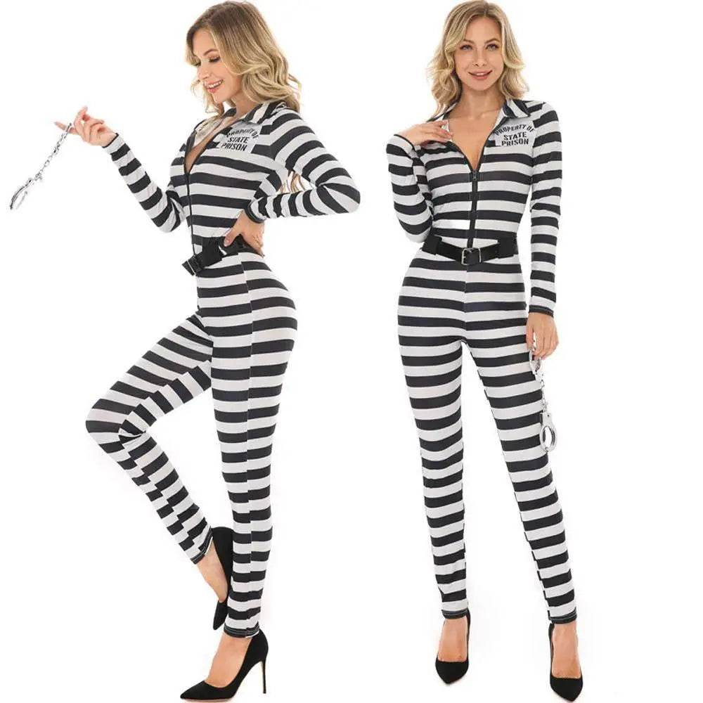 Halloween woman black and white striped prisoner costume - Ecosfun