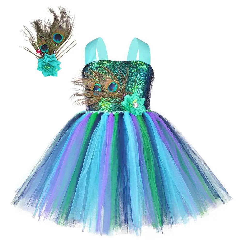 Kids Sequin Peacock Feather Costume Girls Easter Carnival Party Dress - Ecosfun