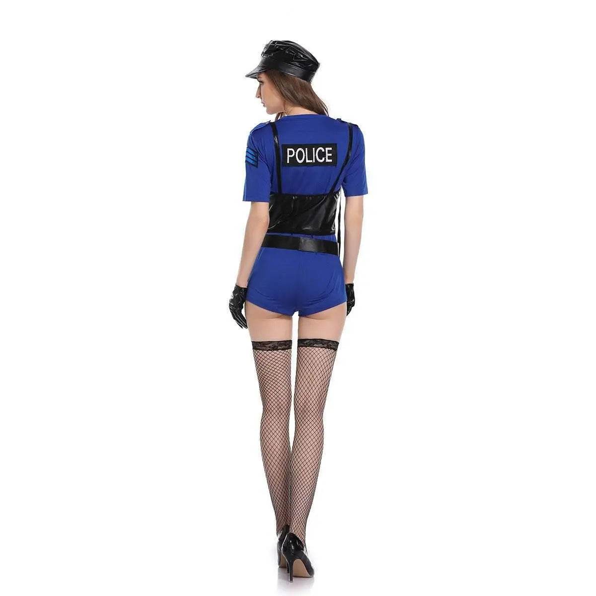 Policewoman Cosplay Costumes Halloween Police Officer Jumpsuit Uniform with Hat - Ecosfun