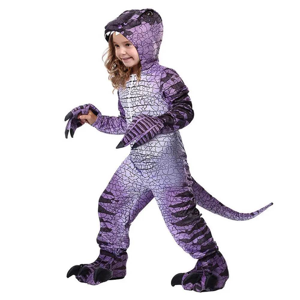Ravenous Raptor Dinosaur Cosplay Costume Purple Hooded Jumpsuit Outfit Halloween for Kids - Ecosfun