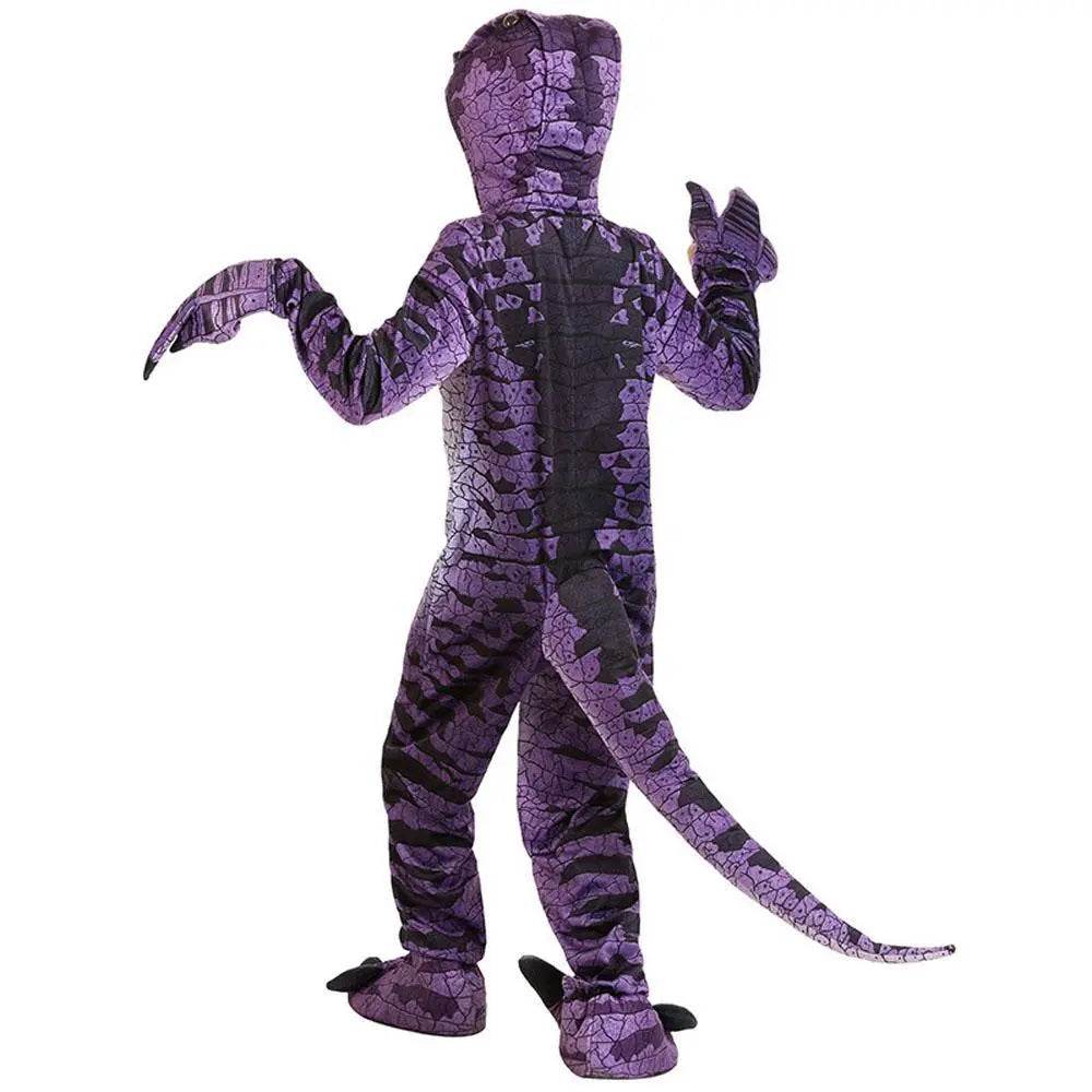 Ravenous Raptor Dinosaur Cosplay Costume Purple Hooded Jumpsuit Outfit Halloween for Kids - Ecosfun