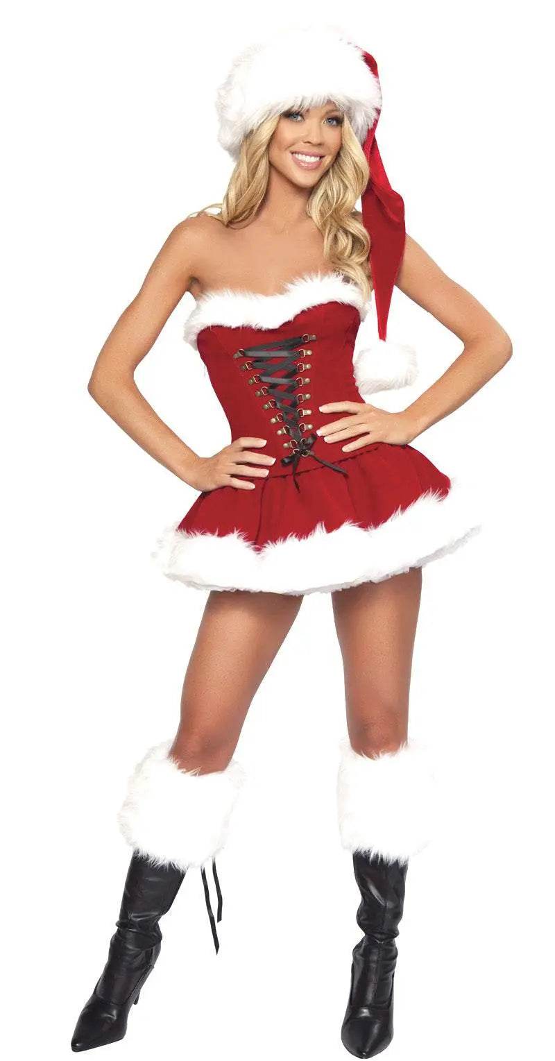 Red Christmas Party Dress Costume Xmas Hat White White Fur Cosplay - Ecosfun