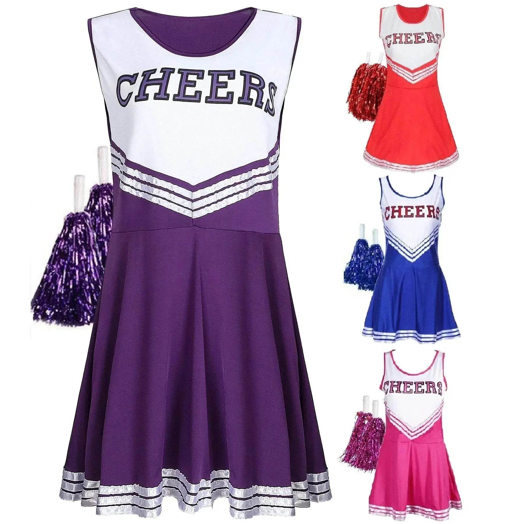 Women Cheerleader Costume Outfit With Poms Fancy Uniform Sports Dress - Ecosfun