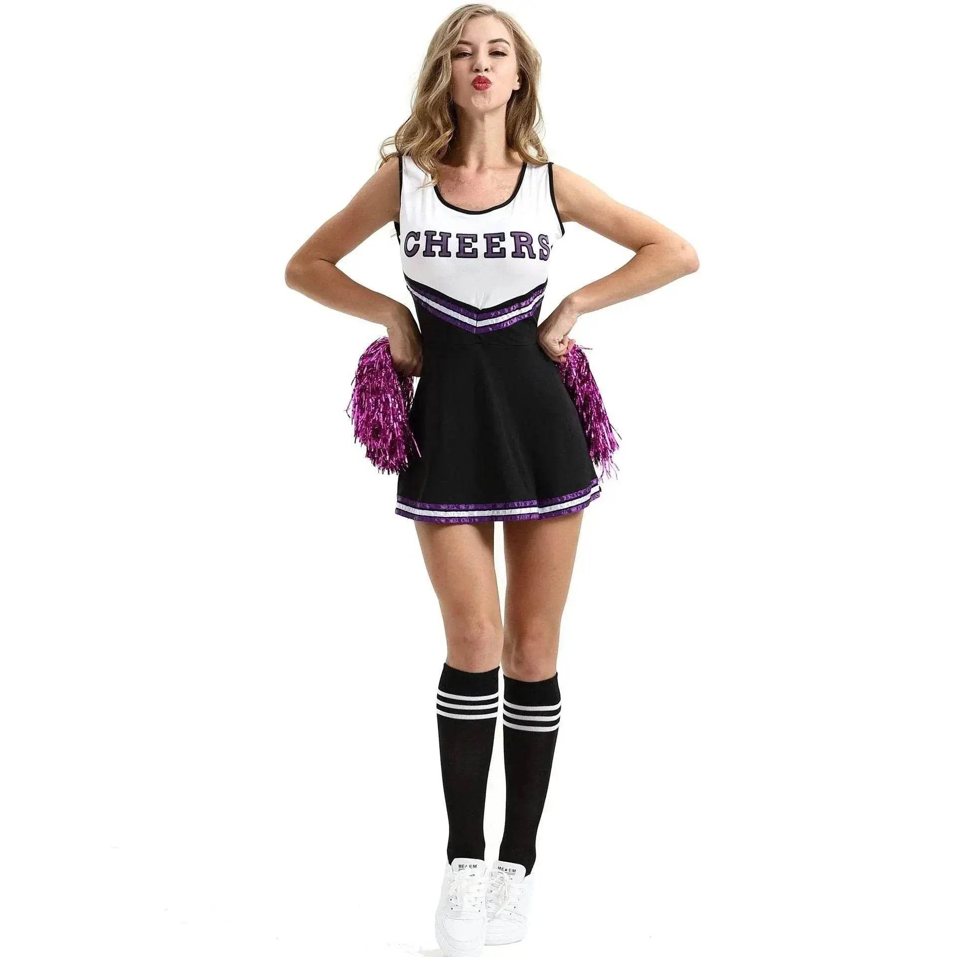 Women Cheerleader Costume Outfit With Poms Fancy Uniform Sports Dress - Ecosfun