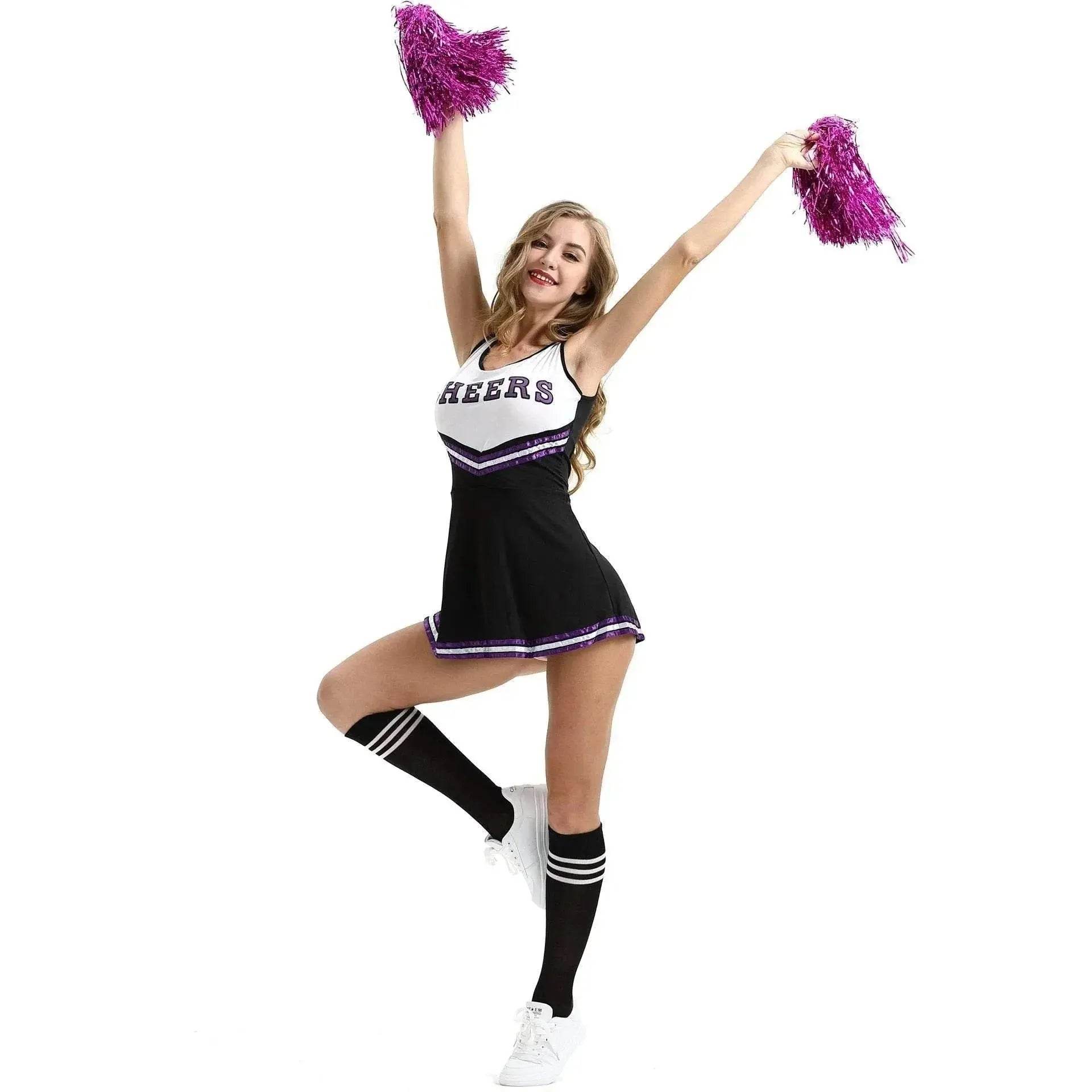 Women Cheerleader Costume Outfit With Poms Fancy Uniform Sports Dress - Ecosfun