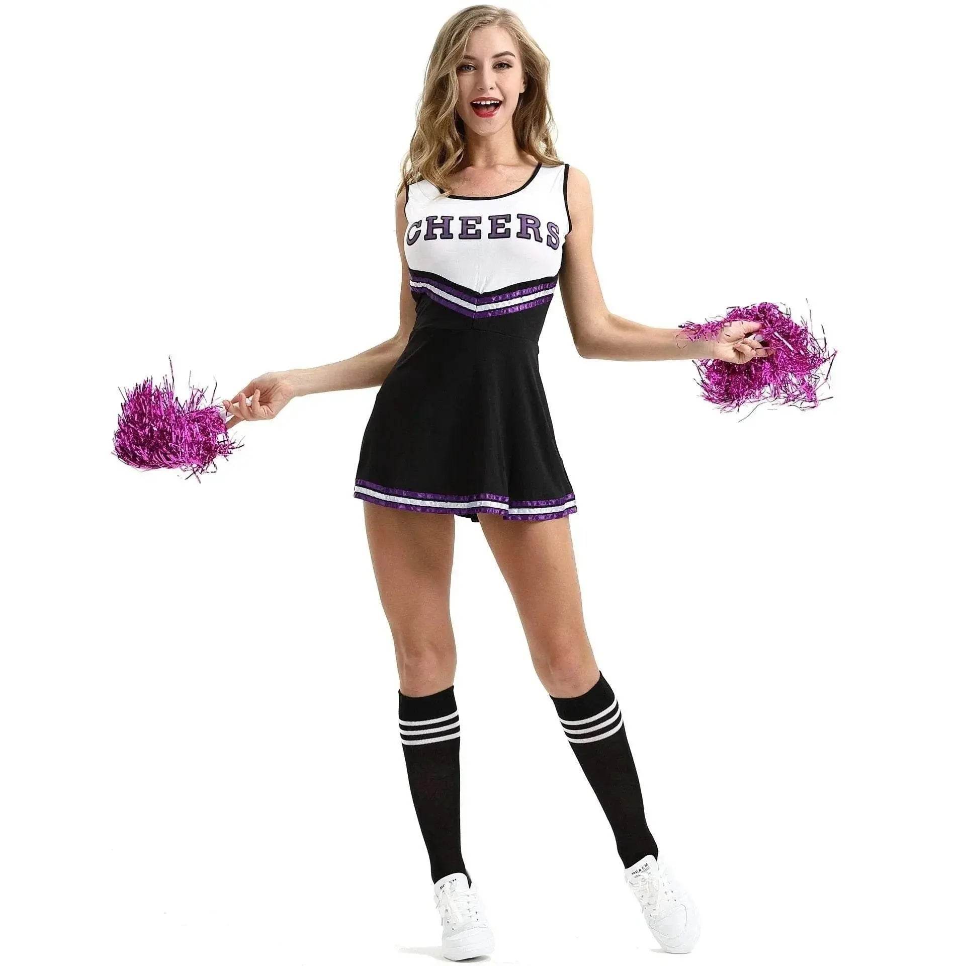 Women Cheerleader Costume Outfit With Poms Fancy Uniform Sports Dress - Ecosfun