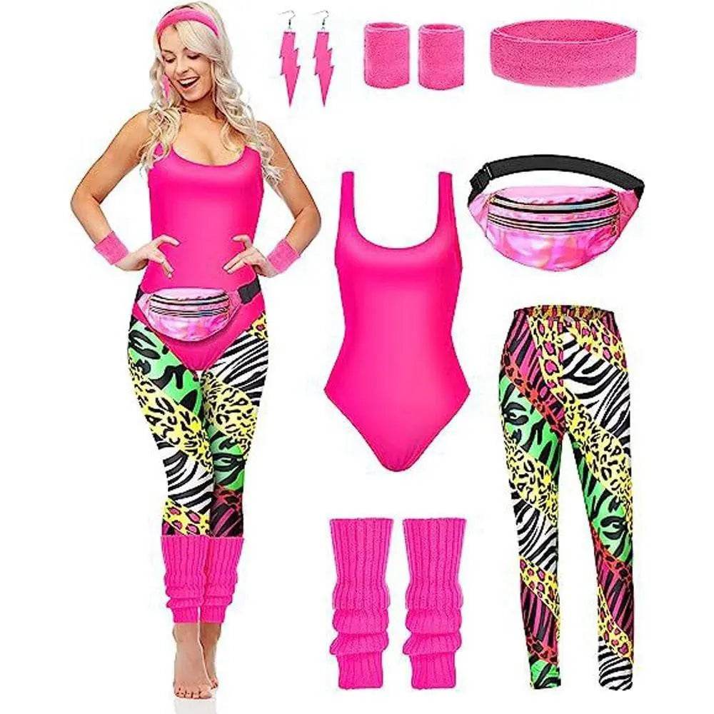 Women Robbie 80s Workout Costume Fancy Dress Halloween Fanny Pack Wristband Earrings - Ecosfun