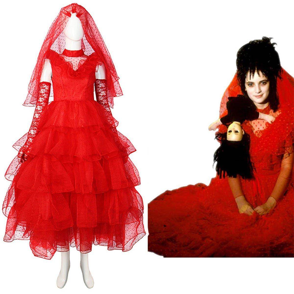 Beetlejuice Lydia Deetz Red wedding Dress Halloween Cosplay Costume For Women - Ecosfun
