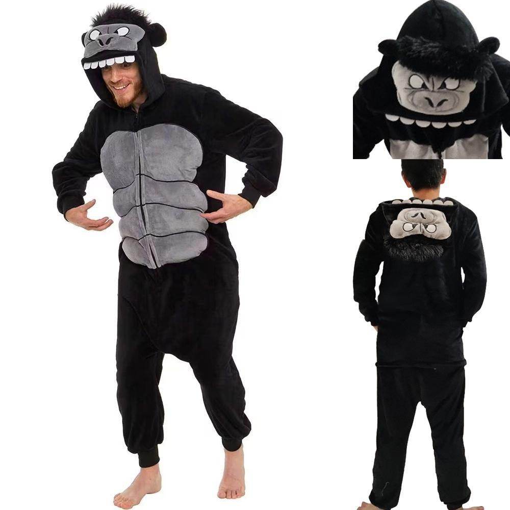 Black King Kong Costume Suit Cartoon Animal Kigurumi Flannel Onesie for Adults - Ecosfun