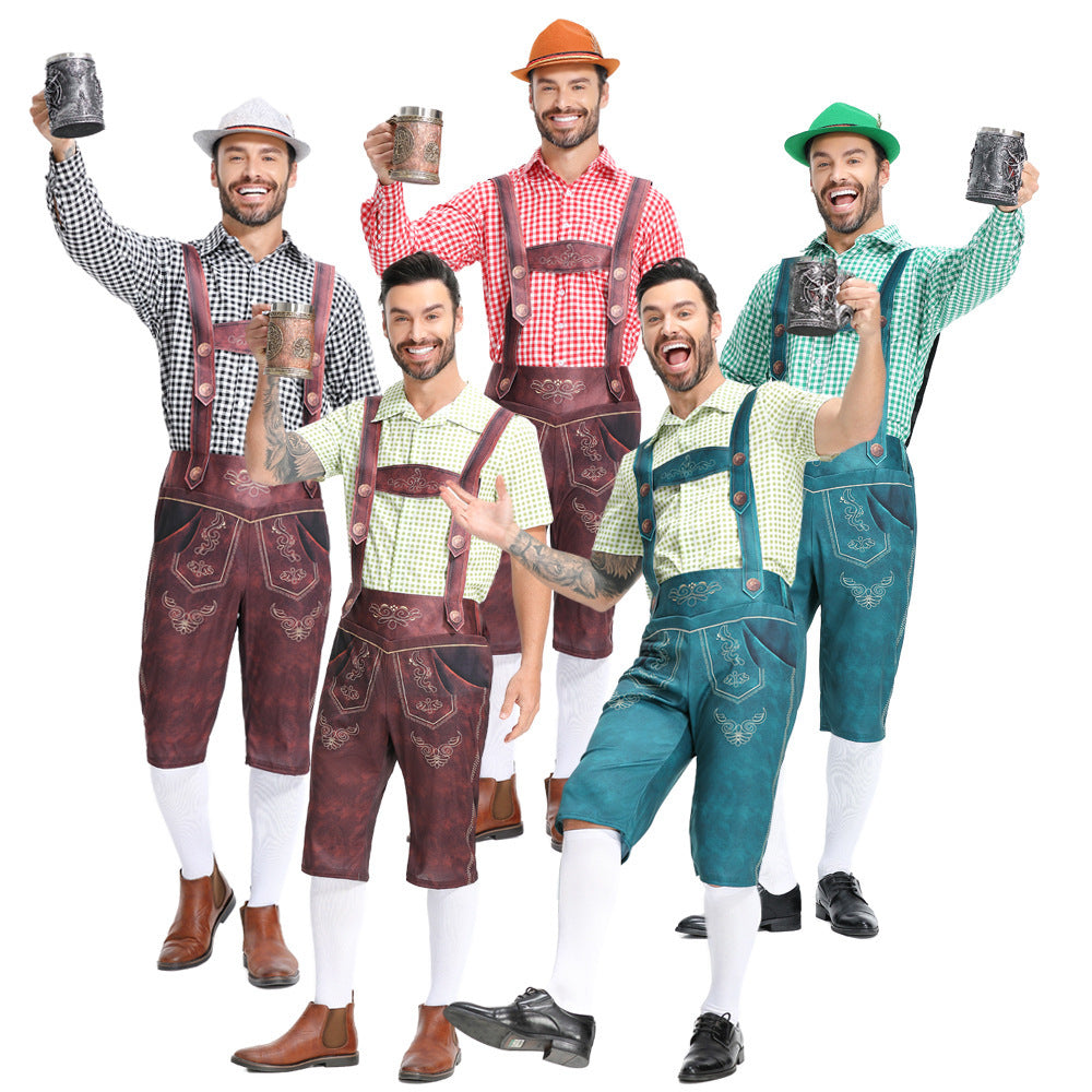 Men's Bavarian Lederhosen Oktoberfest Overalls Plaid Shirt Costume
