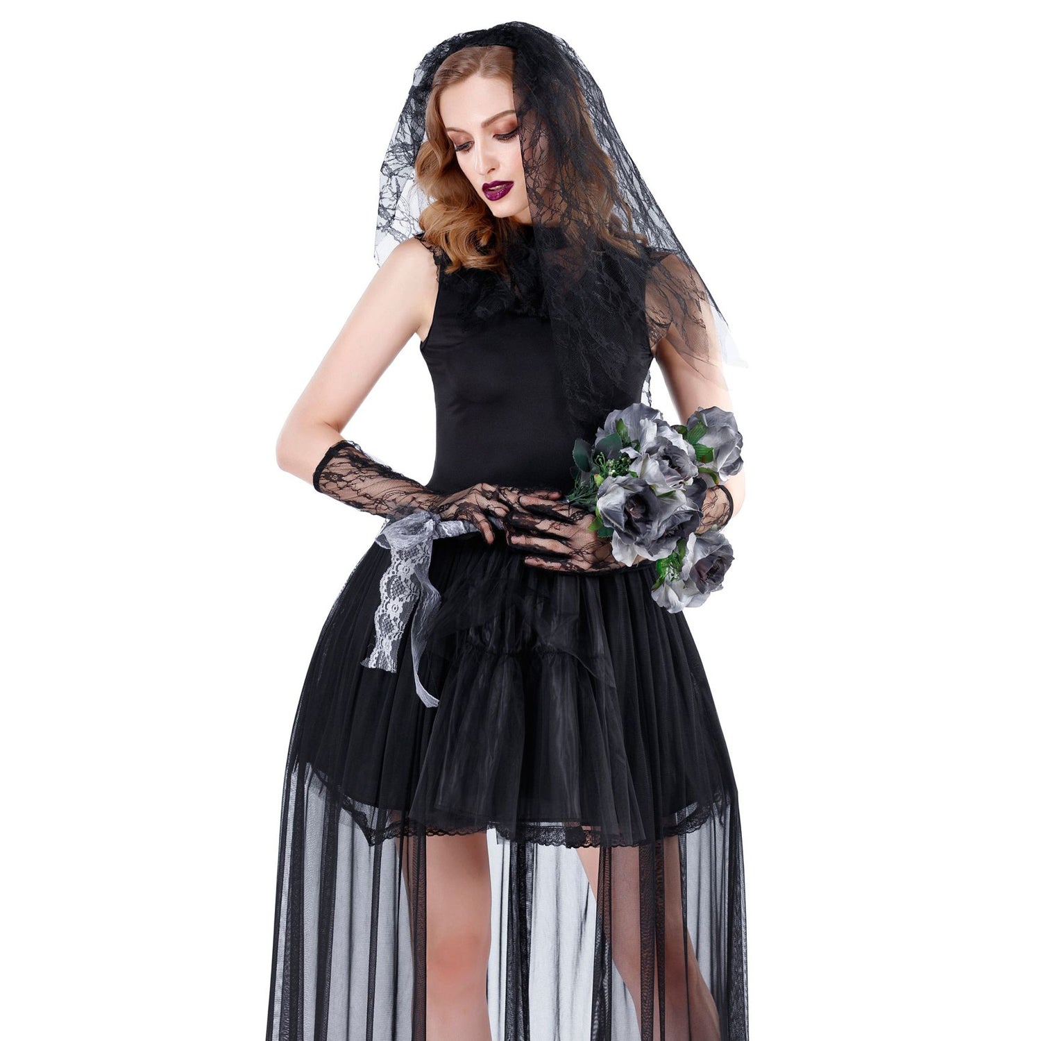 Ghost Bride Women Halloween Costume Bloody Mary Dress Lace Red Black
