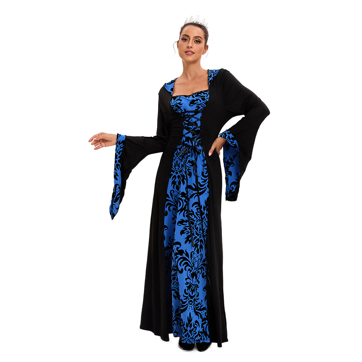 Medieval Hooded Swing Dress Costume Printed Retro Long Sleeves