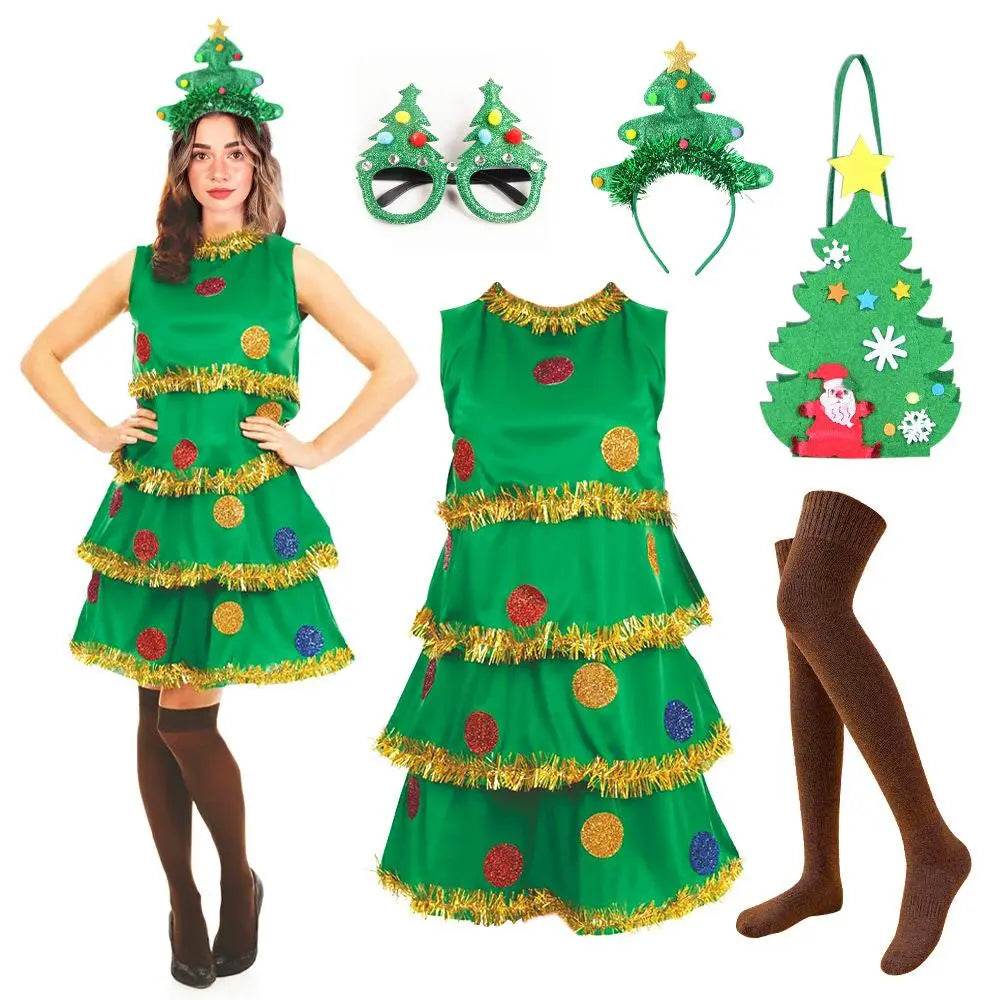 Women Christmas Tree Costume Green Elf Skirt Set - Ecosfun