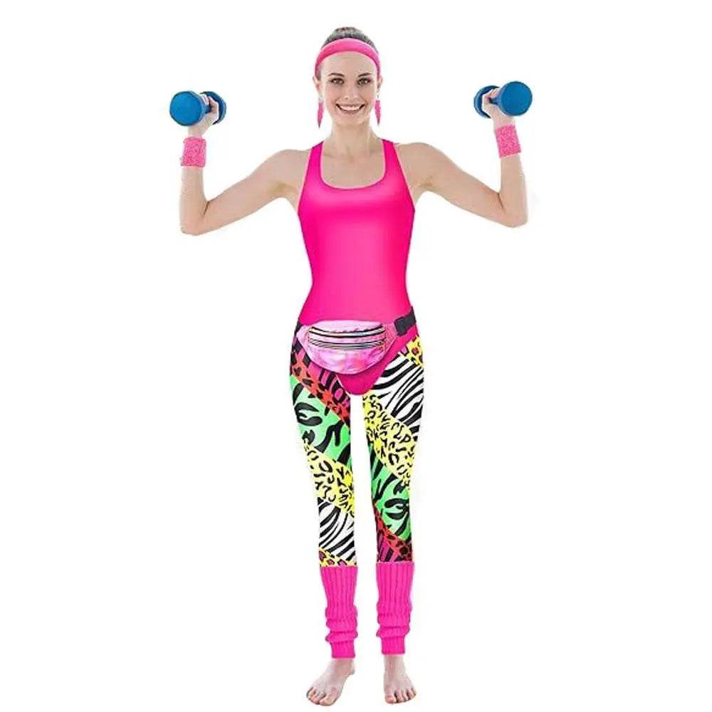 Women Robbie 80s Workout Costume Fancy Dress Halloween Fanny Pack Wristband Earrings - Ecosfun